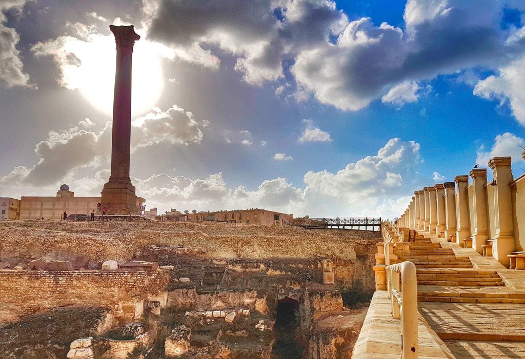 Pompey's Pillar in Alexandria at sunset.